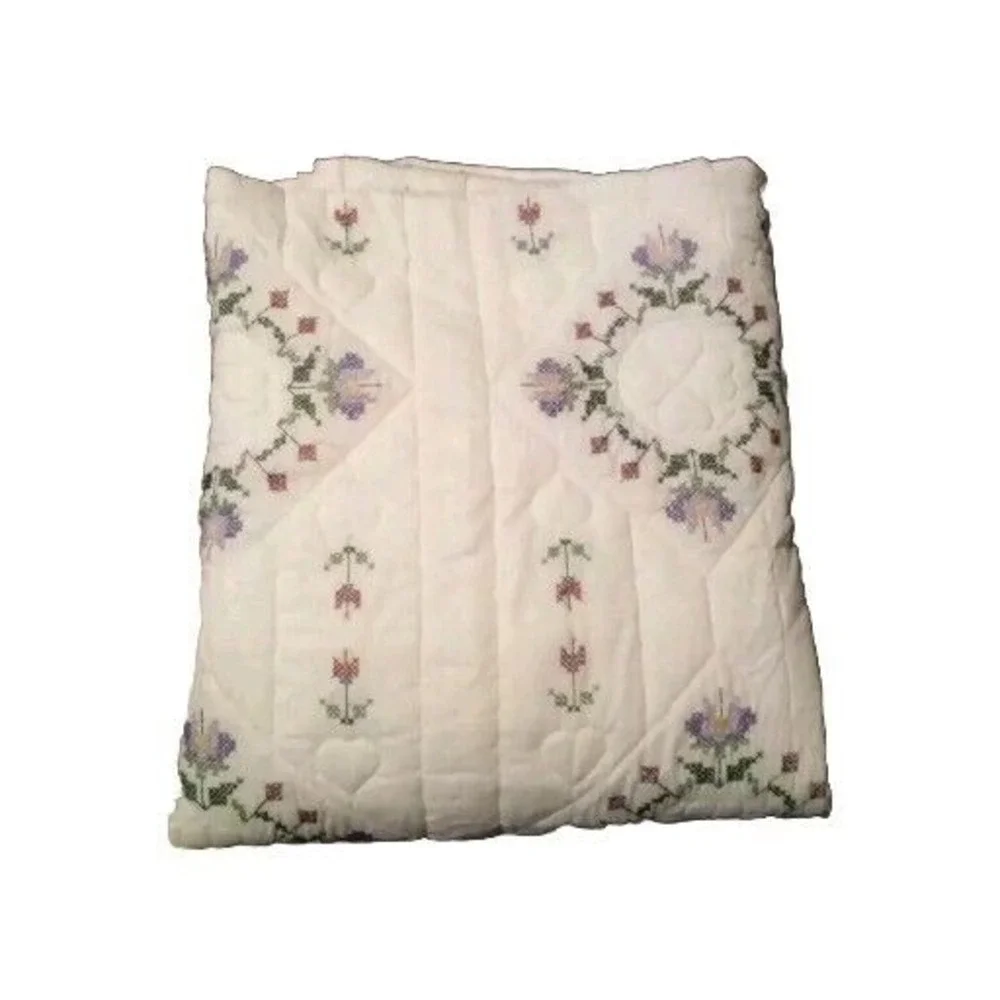 Handmade Quilted‎ Throw Blanket Floral Embroidered Accent Decor Soft